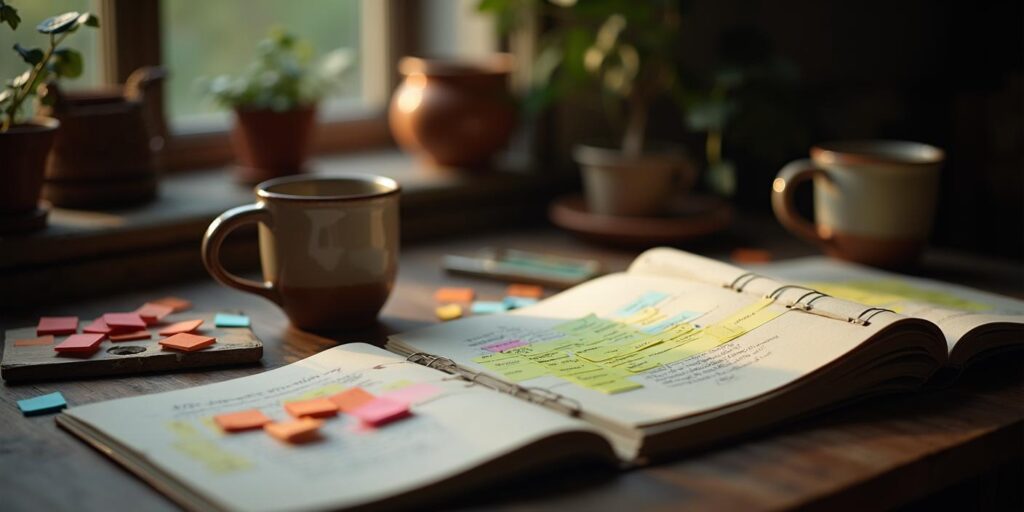 Una mesa con cuadernos, post-its y una taza de té, simbolizando foco, planificación y cuidado.