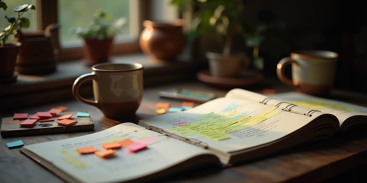 Una mesa con cuadernos, post-its y una taza de té, simbolizando foco, planificación y cuidado.